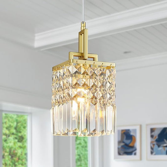 Modern Crystal Pendant Light Kitchen Island Farmhouse Lamp Adjustable Height Hanging Lighting Square Gold Chandelier Suitable for Kitchen Island Dining Room and Bedroom(3Pack)