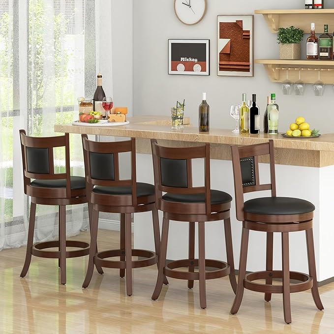 ERGOMASTER Swivel Bar Stools Set of 4-25.5 Inch Counter Height with Footrest, 360° Spin & Extra Wide Seat, Vintage Rubber Wood Frame, 250 lbs Capacity, Kitchen Island Stools for Small Spaces