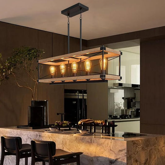 Farmhouse Kitchen Island Lighting, 5-Light Solid Wood 31.5” Dining Room Pendant Light Fixtures, Rustic Chandelier with Adjustable Height for Dining Room Kitchen Bar Pool Table (Natural Wood)