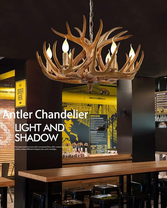 Farmhouse Antler Chandelier, Rustic Deer Antler Chandelier Lighting Fixtures, 6-Light, Vintage Deer Horn Pendant Light Fixtures for Home Bar Coffee Hotel Store (Brown 6 Light Arms+3 arms)