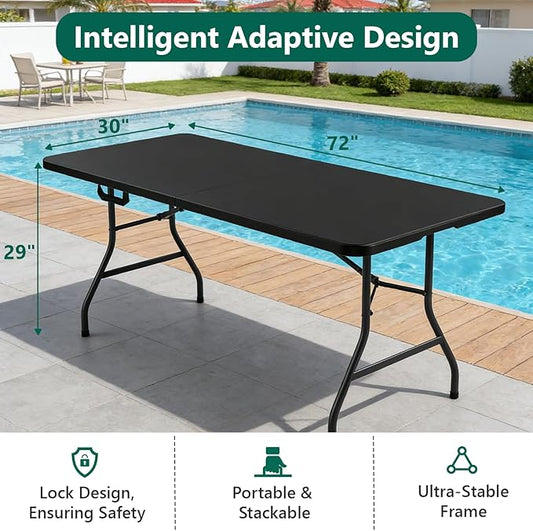 Folding Table 2 Pack, 6FT Heavy Duty Plastic Table with Handle, Foldable&Portable, Fold-in-Half Utility Tables for Outdoor, Dining, Wedding, Events, Indoor, Picnic, Camping, Party, Black