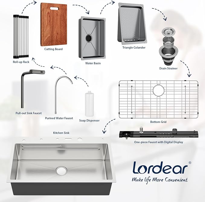 Lordear Drop In Kitchen Sink, 33 inch Waterfall Sink 16 Gauge Stainless Steel, Above Counter Smart Kitchen Sinks, Single Bowl with Integrated Faucet for High-Efficiency Cleaning