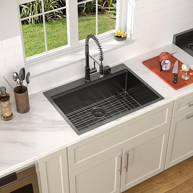 Dcolora 28 Inch Black Kitchen Sink Drop In, Nano-PVD Black Stainless Steel Workstation Sink Single Bowl Topmount with Accessories All-In-One, #DC-T8862 28"x22"x10"