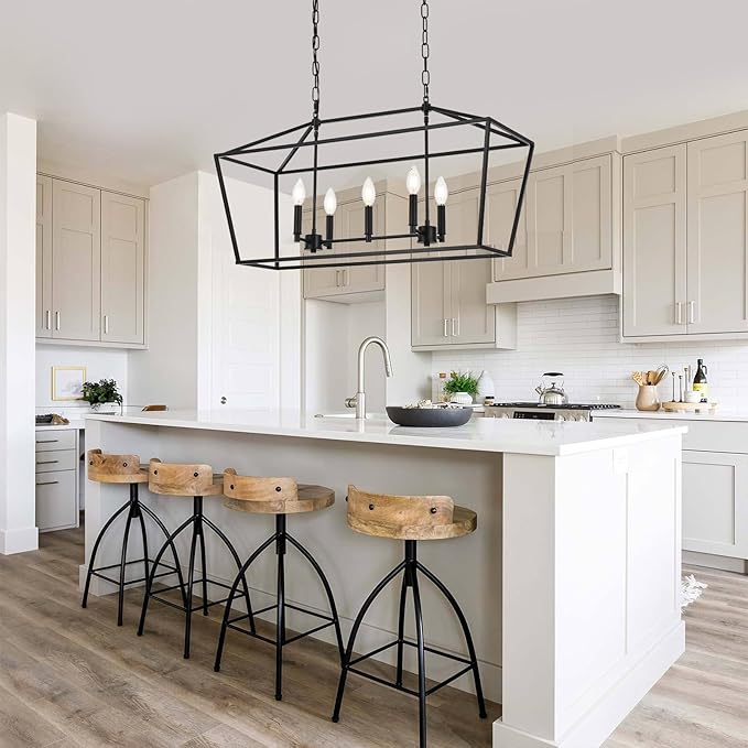 5-Light Kitchen Island Linear Chandelier Large Farmhouse Black Pendant Lighting for Dining Room Over Table Vintage Lantern Hanging Light Fixture, Sloped Ceiling