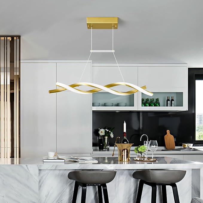 Modern Kitchen Pendant Light Over Island Gold LED Pendant Lights 6000K Adjustable Hanging Light Fixture Wave Shape Chandelier for Dining Room Kitchen Island Restaurant Living Room