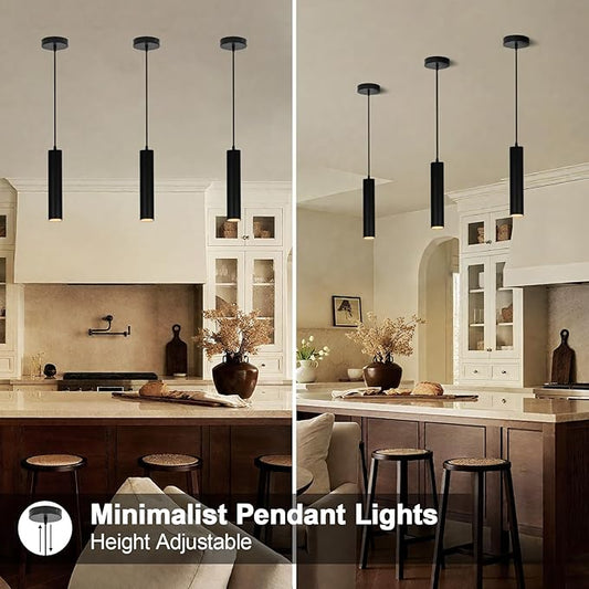 Modern Black Pendant Lights 2 Pack, LED Minimalist Pendant Lighting Fixture for Kitchen Island, Long Tube Hanging Light Cord Adjustable for Living Room Bedroom Dining Room Bar