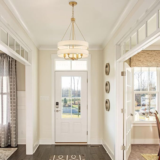 4-Light Rustic Drum Chandelier for Foyer, Gold Pendant Light Fixture with Fabric Shade, Modern Farmhouse Chandelier for Dining Room Entryway Bedroom