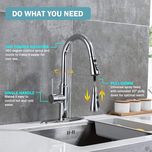 Kitchen Faucet with Pull Down Sprayer, Chrome Faucet for Kitchen Sink Stainless Steel Kitchen Faucets, Single Handle 1 or 3 Hole Faucet with Escutcheon for RV, Outdoor, Laundry & Bathroom Sink