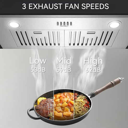 Hermitlux 30 inch Built-in/Insert Range Hood, 600 CFM 3 Speed Vent Hood, Ducted/Ductless Convertible, Stainless Steel Range Hoods with Bright LED Light, Baffle Filters and Charcoal Filters