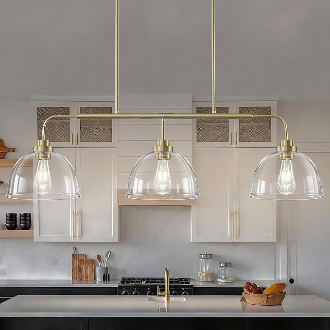 Dining Room Light Fixtures over Table, Large Kitchen Island Lights Modern Farmhouse Chandelier Vintage Brushed Gold Rectangle Chandelier Light Fixture with 3 Big Clear Glass Dome,Height Adjustable