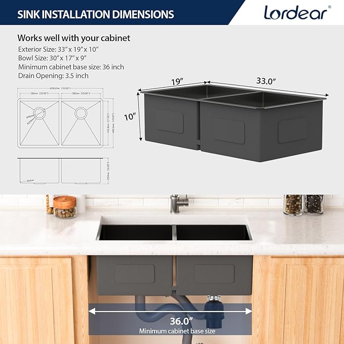 Lordear Double Bowl Black Kitchen Sink 16 Gauge Stainless Steel Undermount Kitchen Sinks Matte Gunmetal Black 50/50 Round Corner Sink 33x19x10 Inch