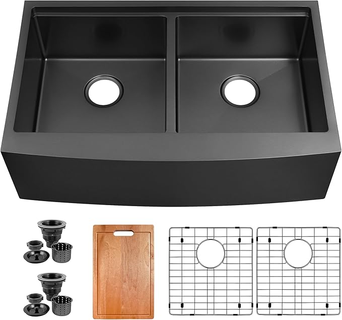 Black Double Farmhouse kitchen Sink,16-Gauge SUS304 Stainless Steel Farm Sinks, 50/50 Apron Front Features Workstaion Sink With Accessories,33''×20''×10" Large and Deep Double Kitchen Sinks
