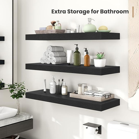 Heimlove 12 Inch Deep Floating Shelves, 12 x 12 inches Long Wall Shelf, Large Extra Display Shelf & Storage Shelf, Rustic Wood Wall Shelves for Fireplace Mantel, Black - 2Pack