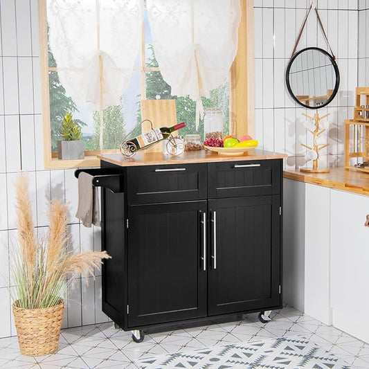 Giantex Kitchen Island Cart, Rolling Island Table with Rubber Wood Tabletop, 2 Drawers, Storage Cabinet & Towel Rack, Bar Kitchen Cart On Wheels for Dining Room (Black)