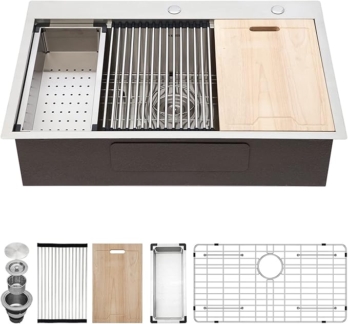 Kichae 33 Kitchen Sink Drop In - 33 x 22 Kitchen Sink Ledge Workstation Topmount Drop-In Single Bowl Stainless Steel 16 Gauge Single Bowl