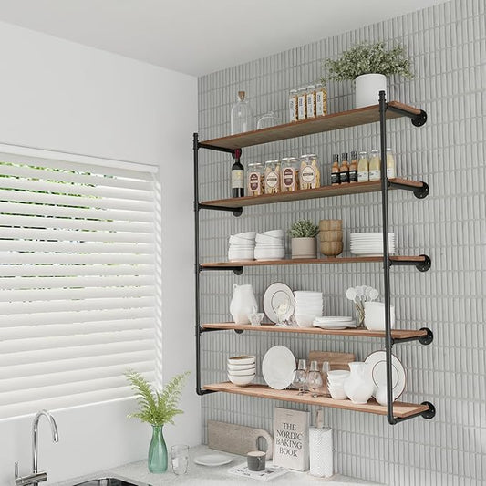 Industrial Pipe Shelf Brackets Wall Mount,Open Black Pipe Shelving for Kitchen,Floating Shelf Brackets Mount,Open Bookshelf Brackets for Shelves,Wall Shelves 12 Inch Deep(2PcsX5Tier,61" Tall)