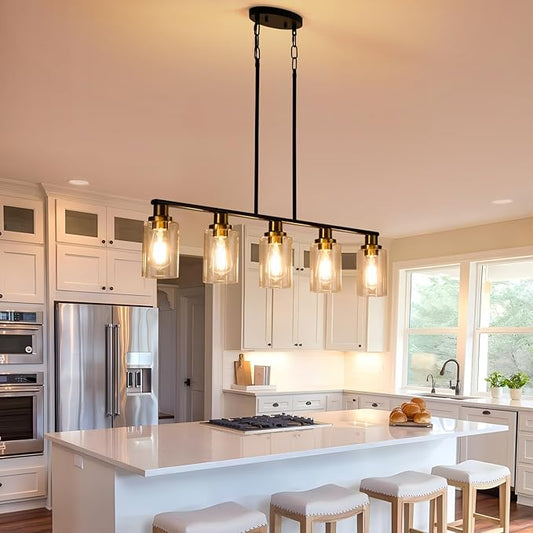 Dining Room Light Fixture,5-Light Farmhouse Linear Chandeliers for Dining Room Over Table,Matte Black and Gold Finish Kitchen Island Pendant Lighting for Kitchen Island,Pool Table Light