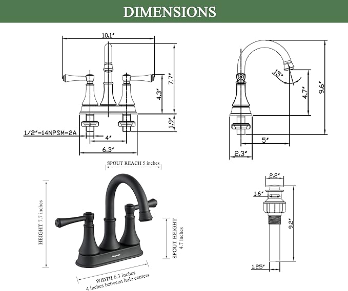 TimeArrow Matte Black 2 Handle Centerset Bathroom Sink Faucet 3 Holes with Drain Assembly, High Arc Modern 4 Inch Bathroom Vanity Lavatory Faucet with Brass 360° Swivel Spout, TAF067Y-MB