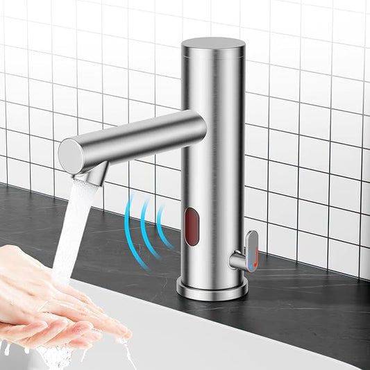 Achelous Stainless Steel Automatic Touchless Bathroom Sink Faucet, Hands Free Infrared Sensor Basin Faucet with Temperature Control, Battery Powered Sensor Bathroom Tap Brushed Nickel