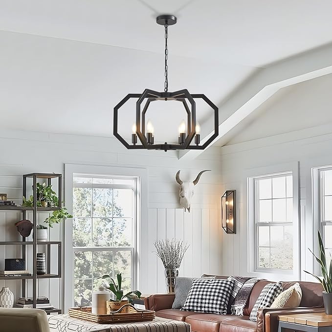Lanhall 6 Light Farmhouse Chandelier Black Dining Room Light Fixture Modern Rustic Geometric Hanging Pendant Light for Living Room, kitchen Island, Foyer, Entryway, Hallway, Stairway Adjustable Height