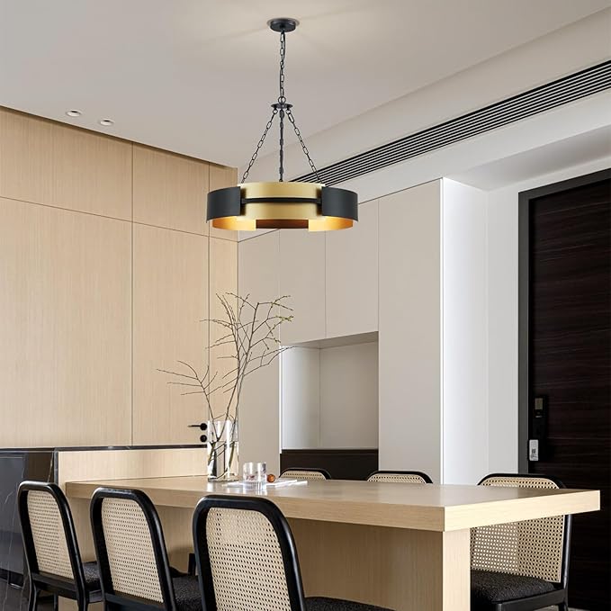 Modern Chandelier 26" Industrial Light Fixture Black and Gold 5-Light Large Drum Pendant Lighting for Dining Room Kitchen Island Office Living Room