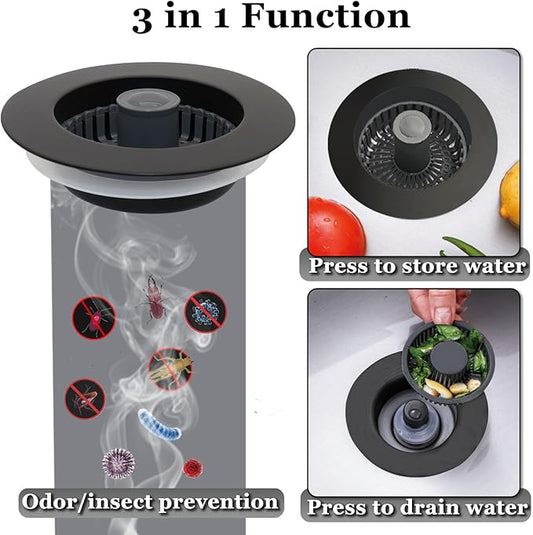 BAOLSLS 3 in 1 Kitchen Sink Stopper, Pop Up Kitchen Sink Drain Strainer, with an Extra Basket Strainer, Kitchen Sink Drain Stopper for US Standard 3-1/2 Inch, Brass Material Electroplate Black