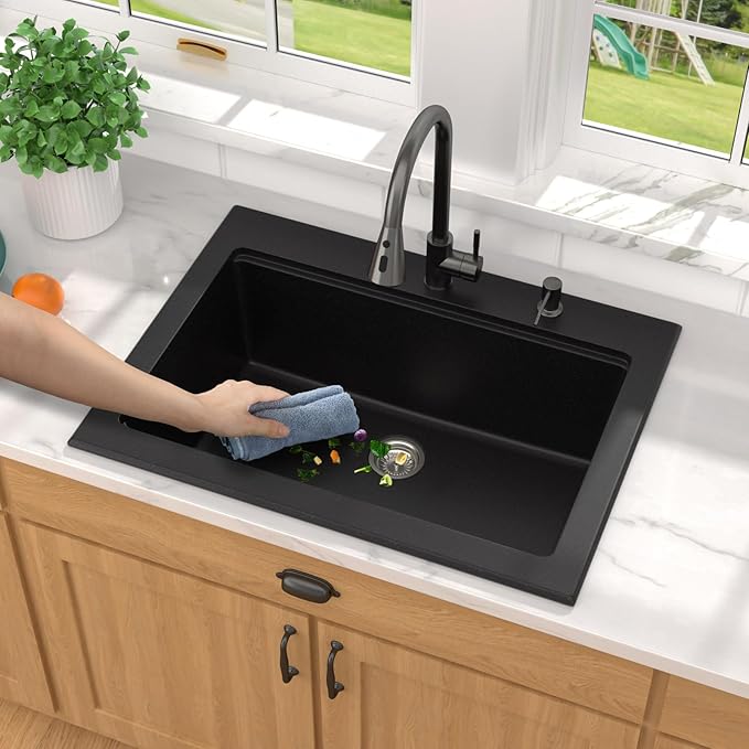Granite Composite Kitchen Sink - 30 Inch Granite Kitchen Sink Drop In Topmount Workstation Matte Black Quartz Single Bowl Sinks All-In One, 30"x22" #TLGT-124