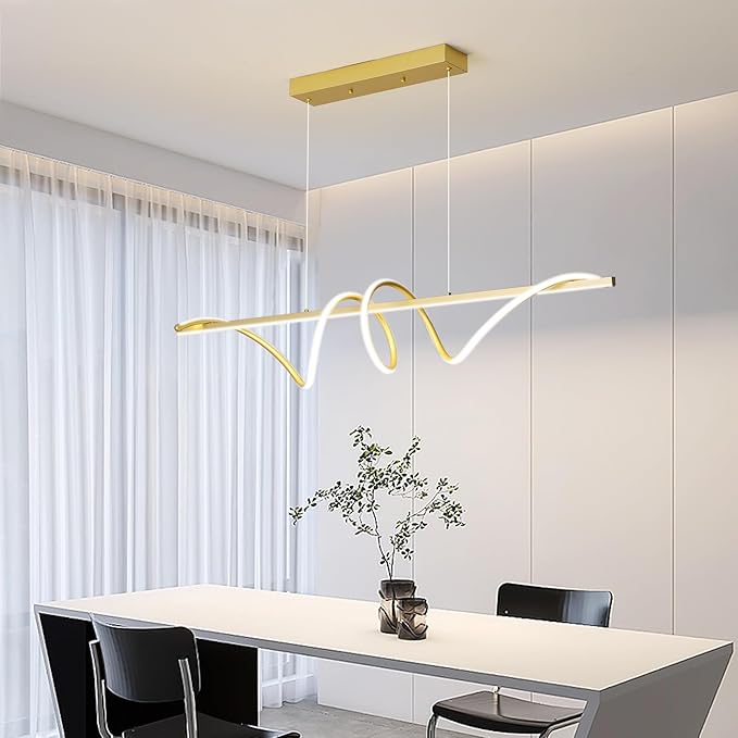Modern LED Gold Pendant Light, 47IN Ceiling Chandelier Fixtures Dimmable with Remote Control 3000k-6500K Adjustable Color Temperature, Aluminum Island Lighting Lamp for Dining Room, Living Room