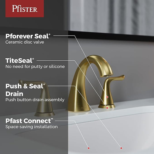 Pfister Willa Bathroom Sink Faucet 8 in Widespread 3 Hole Double Handle Brushed Gold Finish NSF Certified Push & Seal Drain TiteSeal Technology Vanity Faucet LF049MALBG