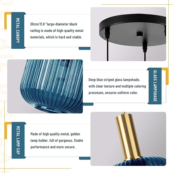 3-Light Modern Industrial Pendant Light Fixture, Adjustable Hanging Chandelier with Blue Striped Glass Shades for Kitchen Island, Dining Room, Bedroom, Black & Gold Metal Ceiling Light