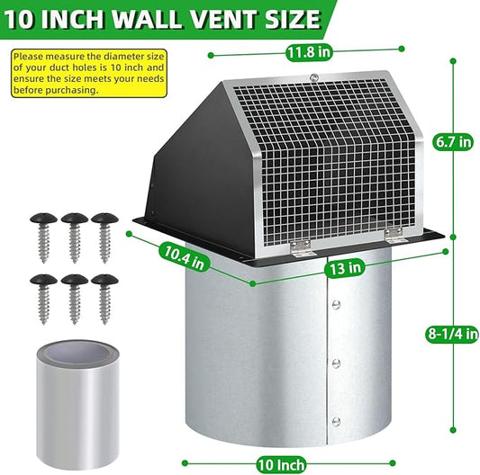 10 Inch Hooded Wall Vent with Screen and Damper,Outdoor Wall Exhaust Vent Cover Cap for Kitchen Range Hood HVAC Duct Dryer Ventilation&Outside Exterior Mount,Galvanized Steel,Black