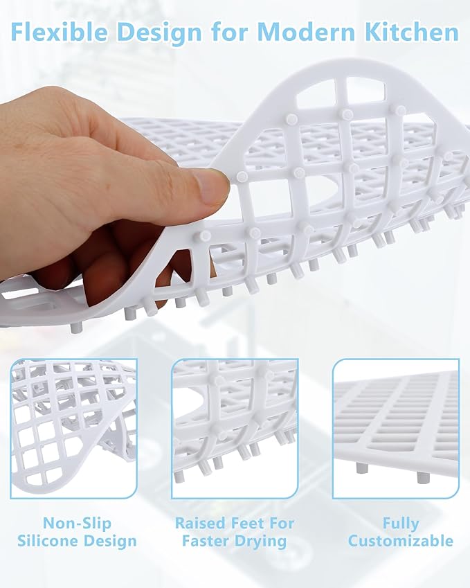 2 Pack Silicone Sink Protector for Kitchen Sink, Trellis Pattern 12 x 11" Sink Grid Mat Silicone Protectors, Center Drain, White
