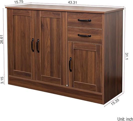 43" Modern Wood Sideboard Buffet Cabinet with Storage,Coffee Bar Cabinet with 2 Doors,Kitchen Island Storage Cabinets with 2 Drawers,Entryway Cabinet with Movable Shelves,Dining Room Console (Walnut)