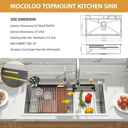 Mocoloo 33 Inch Honeycomb Waterfall Kitchen Sink - 33x19 Drop In Ledge Workstation 16 Gauge Stainless Steel Single Bowl Modern Sink with Faucet Combo and Built-in Accessories