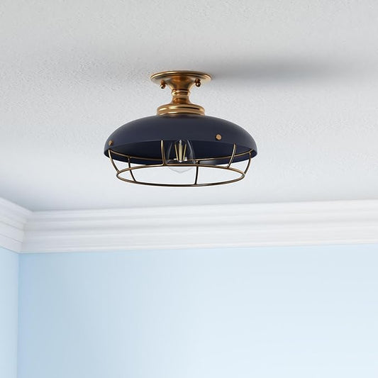 Presley Caged Dome Metal Semi-Flush Mount Ceiling Light, Brushed Brass and Navy Blue