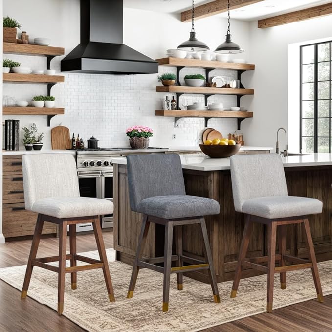Armen Living Basila Modern Farmhouse 30" Seat Height Swivel Bar Stool for Kitchen Island Counter in Brown Oak Wood with Beige Fabric