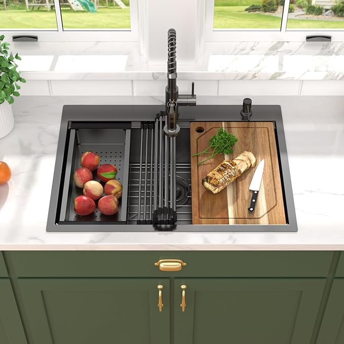 30 Inch Drop In Kitchen Sink with Faucet Combo - 30"x22" Workstation All-In One Gunmetal Black NANO-PVD 16 Gauge Stainless Steel Topmount Single Bowl Sink For Kitchen with Faucet #TLT-0023