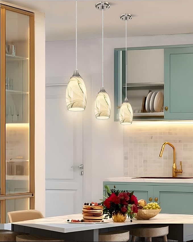 karyfine Mini Pendant Lights Kitchen Island Light Brown Glass Lamp Shade Hand Blown Glass Pendant Light with Brush Nickel Finish Adjustable Cord for Kitchen Over Sink (Green Marble-3Packs)