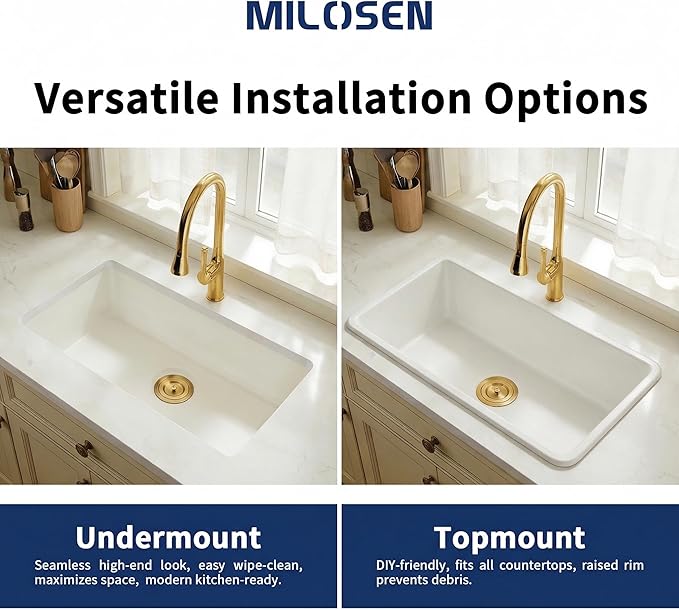 MILOSEN White Undermount Kitchen Sink, 32"x18" Granite Composite Single Bowl Kitchen Sinks, 10" Deep Large Undermount/Drop In Sink with Gold Accessories, White Quartz Kitchen Sinks for Modern Kitchen