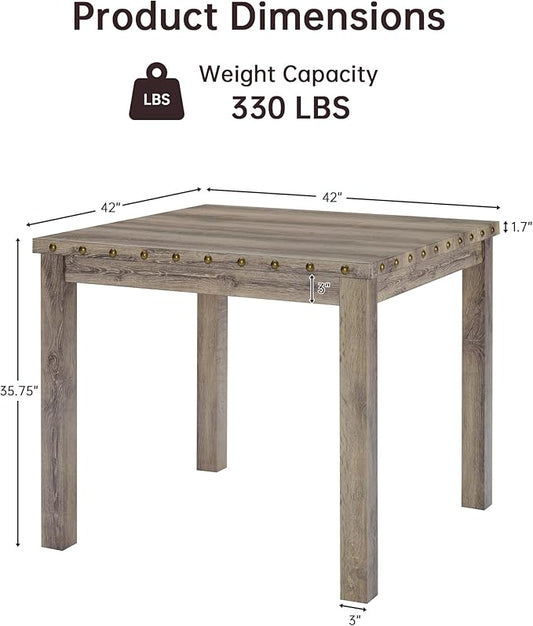 42 inch Counter Height Dining Table for 4-6 People, Farmhouse Dining Table with Rubberwood Leg, Rustic Square Bar Table for Dining Room, Kitchen Island