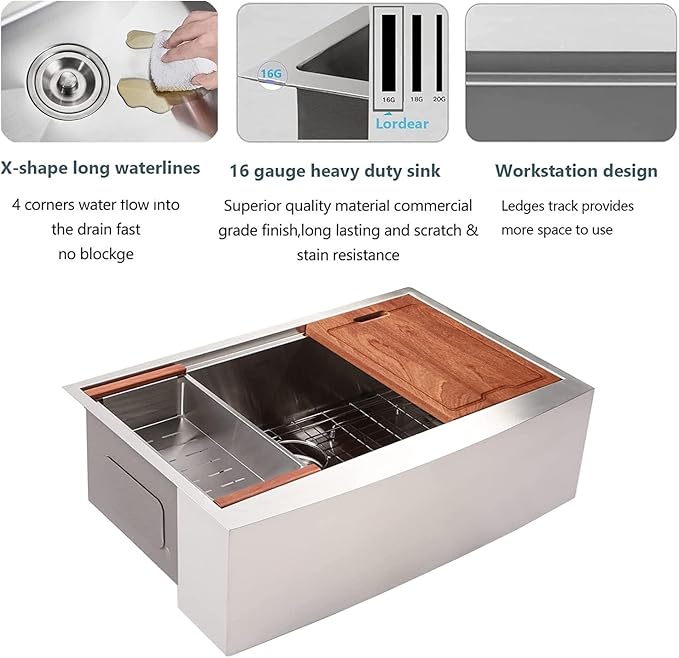 Lordear 33 Farmhouse Sink Stainless Steel Apron Front Ledge Workstation Deep Single Bowl 16 Gauge Stainless Steel Kitchen Farm Kitchen Sinks with Accessories, 9" Apron Height