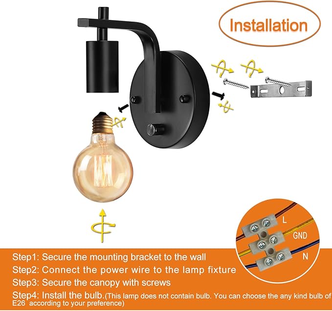 Wall Sconces Set of Two, Wall Light with Switch, Dimmble Black Sconce Lights Indoor, Wall Lights for Bedroom, Bedside Wall Lamps