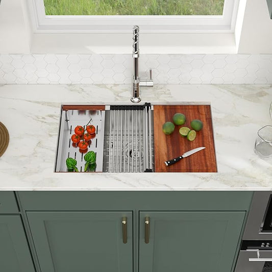 Logmey 32x19 Undermount Kitchen Sink All in One Workstation 16 Gauge SUS304 Stainless Steel Single Bowl 9" Deep Handmade Sink,Ideal for Home Cooking,Cleaning & Daily Kitchen Use,Noise Reduction