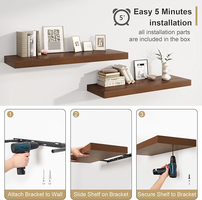 Heimlove 12" Deep Floating Shelves for Wall Shelf Over Toilet Mounted Farmhouse Long 55 Inches Set of 1, Farmhouse Shelves with Invisible Brackets for Living Room, Kitchen, Bedroom, Walnut