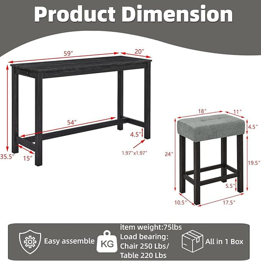 59 inch Bar Table and Chairs Set with with Power Outlet, Industrial Hight Counter Height Bar Table with 3 Upholstered Stools,4 Pieces Space-Save Breakfast Table Set for Kitchen Dining Room (Black)