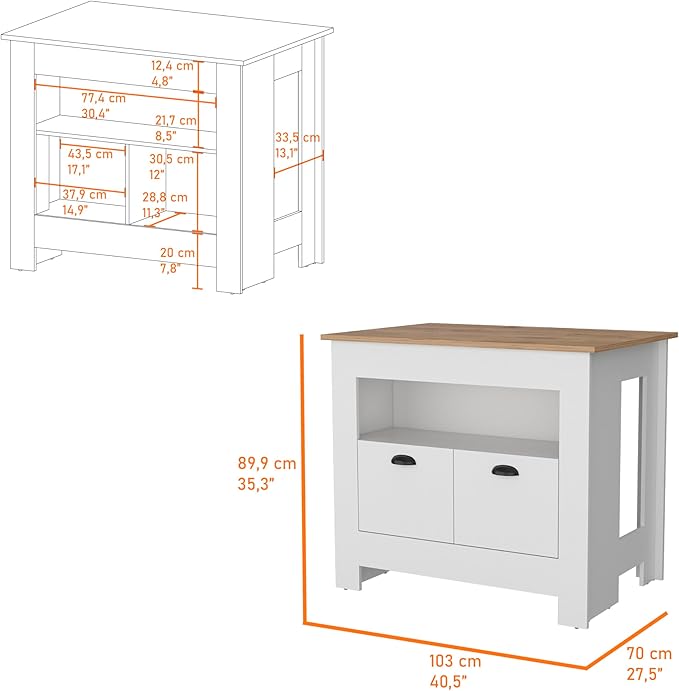 GOWE Theba Kitchen Island, Whit 2 Doors, 3 Shelves