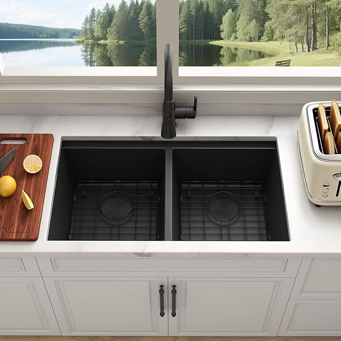 Double Bowl Kitchen Sink 30" X 18",Black Undermount Kitchen Sink,16 Gauge Stainless Steel Undermount Double Sinks with Workstation