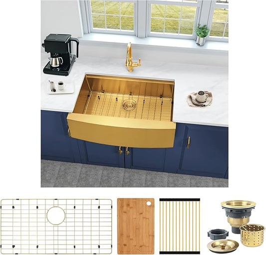 Kitsitchen 33 Inch Gold Farmhouse Sink,16 Gauge Single Bowl Workstation Stainless Steel Rustic Farmhouse Kitchen Sink,Large Apron Front Undermount Farm Kitchen Sinks with Accessories(33"x20"x10")