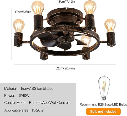 Garwarm Ceiling Fans with Lights and Remote, 20 Inch Low Profile Flush Mount Ceiling Fan with Light, Farmhouse Rustic Industrial Fan Lights Ceiling Fixtures for Bedroom,Kitchen(6 Speed,Timing)-Bronze