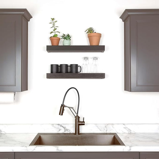 HIGH & MIGHTY 515653 Modern 18" Floating Shelf Holds up to 15lbs, Easy Tool-Free Dry Wall Installation, Flat, eCommerce Packaging, Espresso